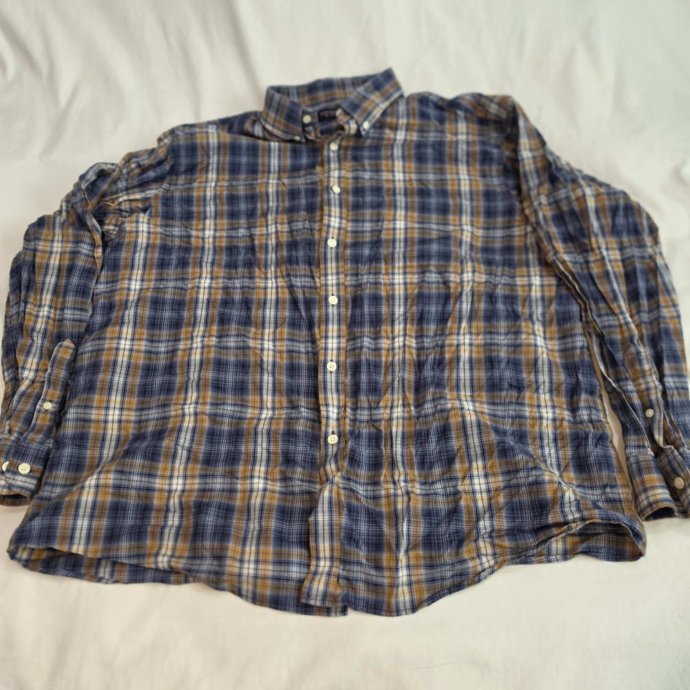 Roundtree & Yorke Button Down Shirt Mens XL Blue‎ Yellow Plaid Excellent Classic